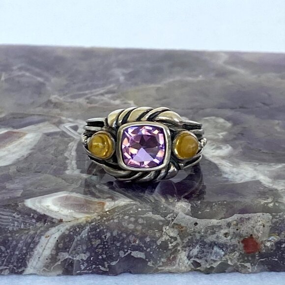Sterling Silver 925 Cushion Cut Amethyst Double Citrine Wide Band Ring Sz 6.5 - Picture 12 of 16